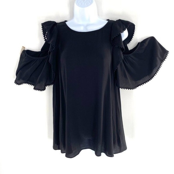 Rebecca Minkoff Womens Cold Shoulder Blouse Top Sz M Black Short Sleeve Viscose - Picture 1 of 10